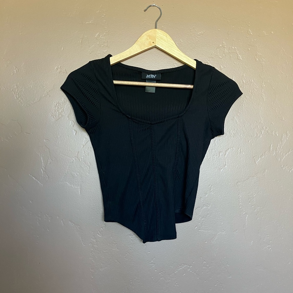 Black Cropped Corset Square Neck Short Sleeve Top